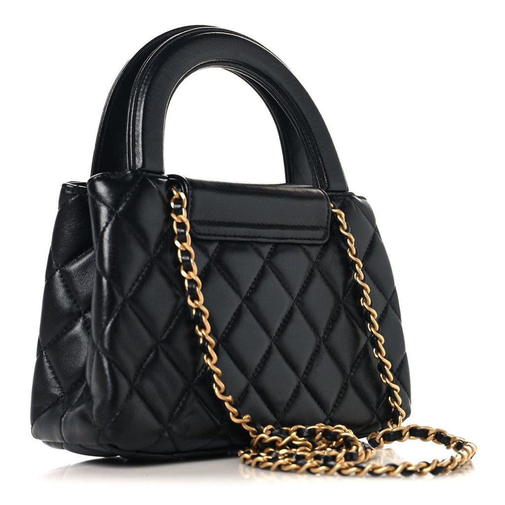 Shiny Aged Calfskin Quilted Nano Kelly Shopper Black