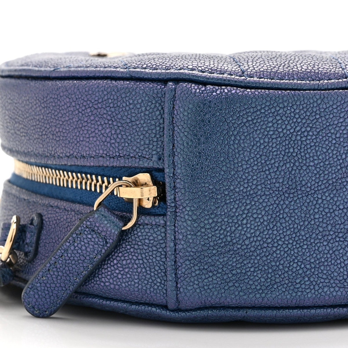 Iridescent Caviar Quilted Round Clutch With Chain Blue
