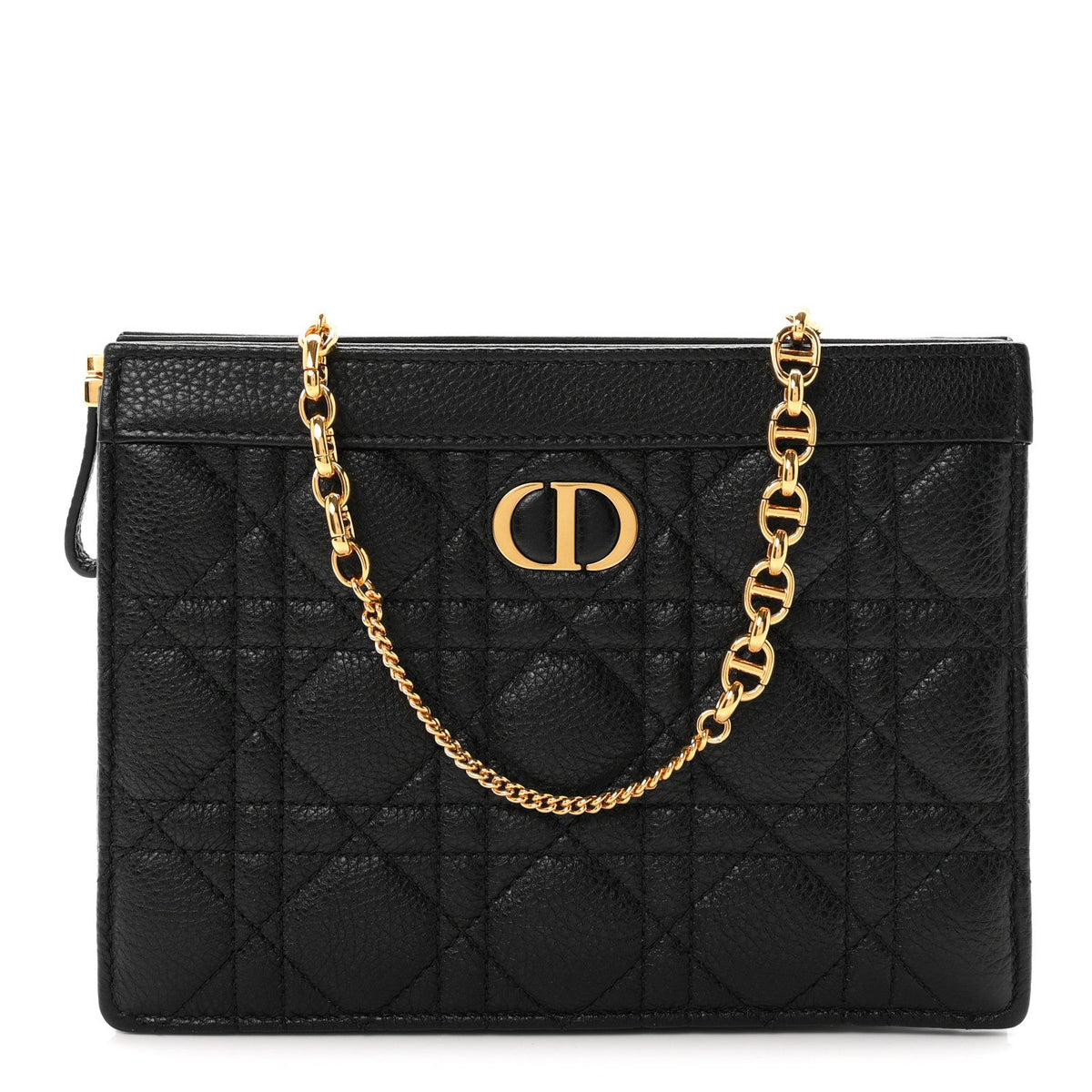 Calfskin Cannage Caro Zipped Pouch With Chain Black