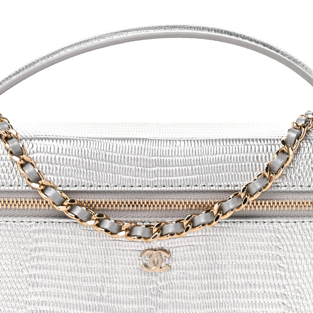 Lizard Embossed Calfskin Exoticoco Long Vanity With Chain Silvery