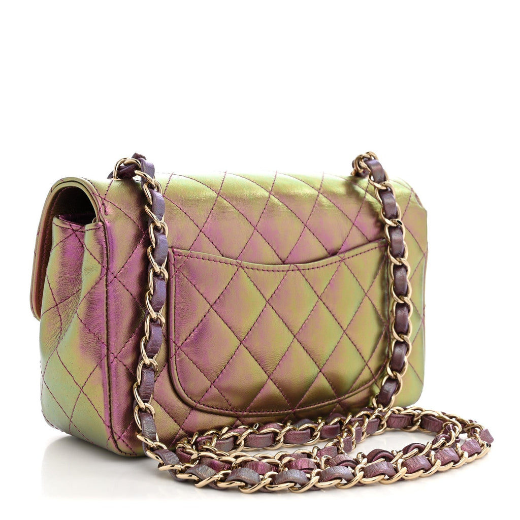 Iridescent Lambskin Quilted Mini Rectangular Flap Purple