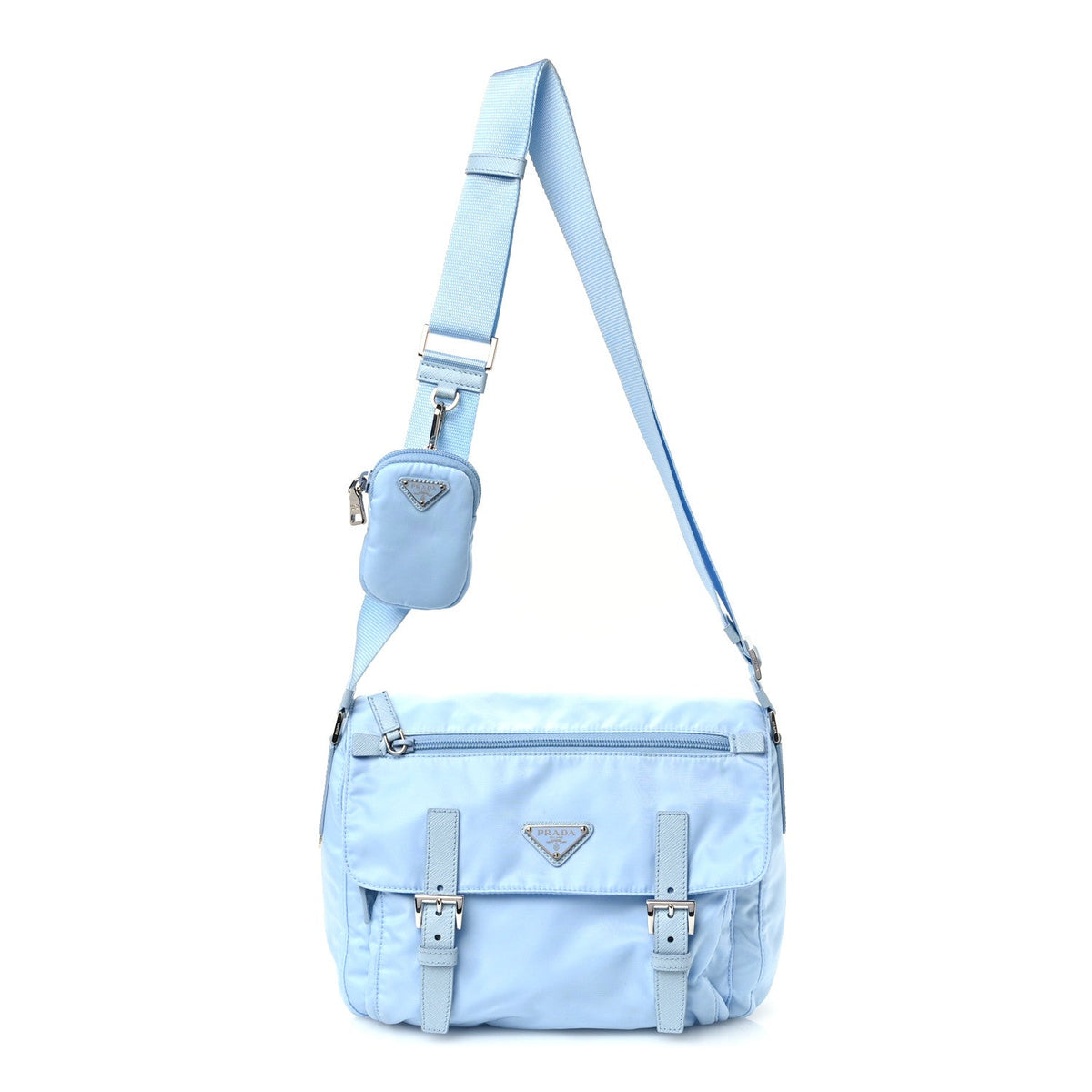 Re-Nylon Vela Saffiano Pocket Double Buckle Messenger Shoulder Bag Celeste