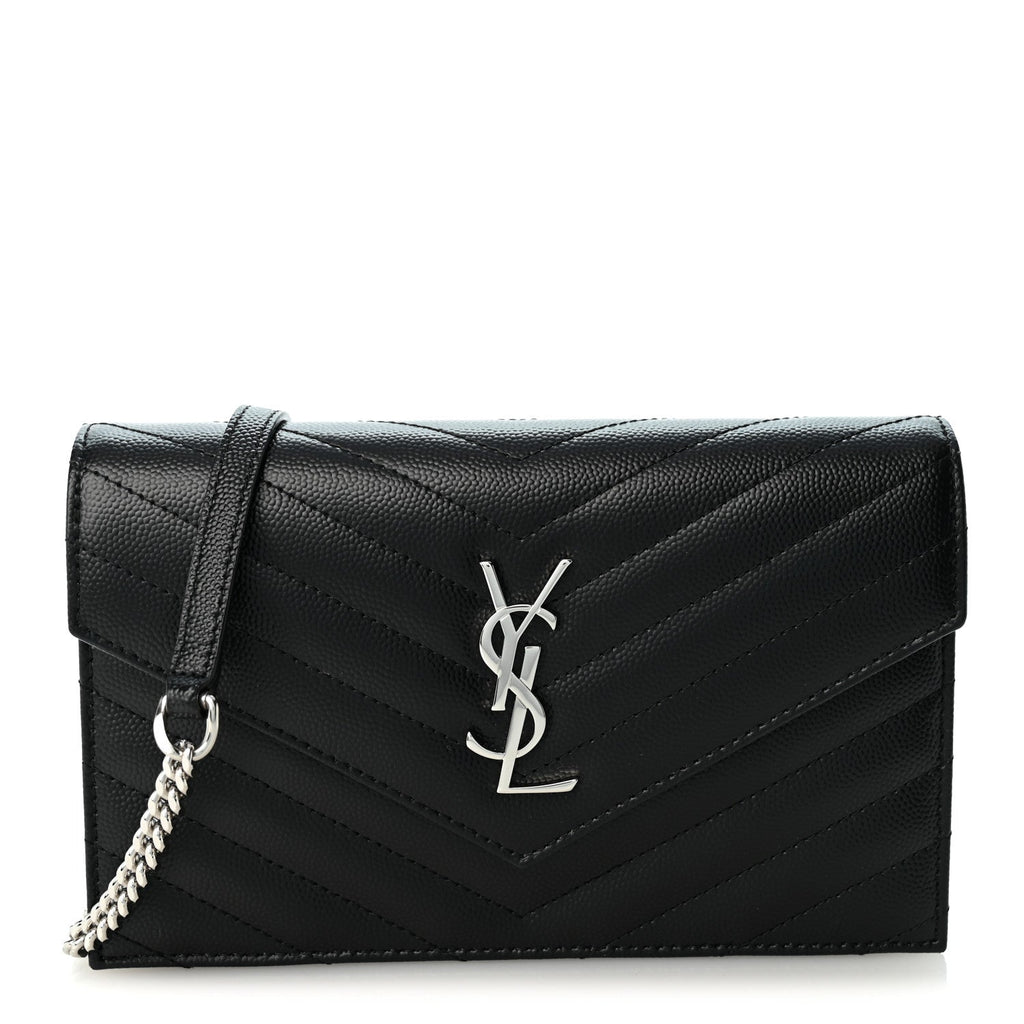 Grain De Poudre Matelasse Chevron Monogram Envelope Chain Wallet Black