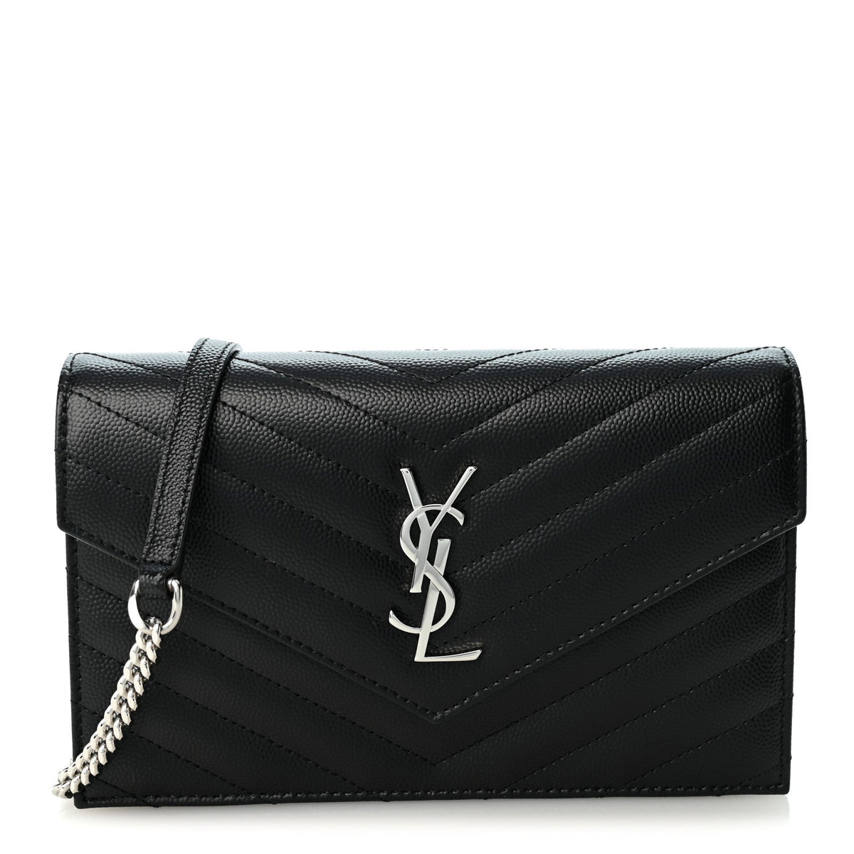 Grain De Poudre Matelasse Chevron Monogram Envelope Chain Wallet Black