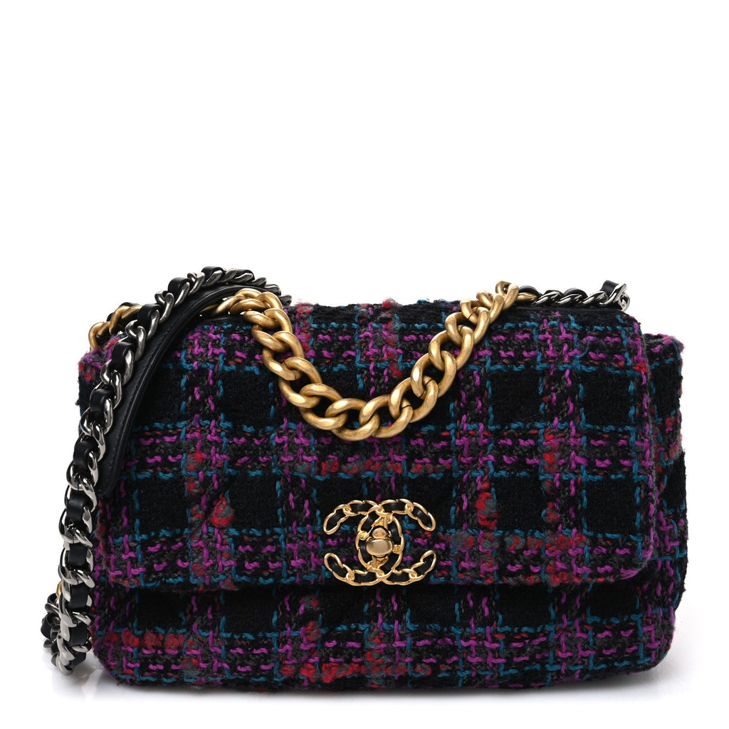Tweed Quilted Medium Chanel 19 Flap Black Blue Purple