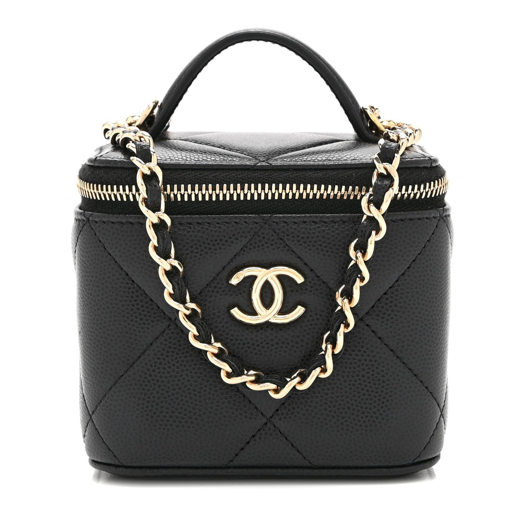 Caviar Quilted Top Handle Mini Vanity Case With Chain Black