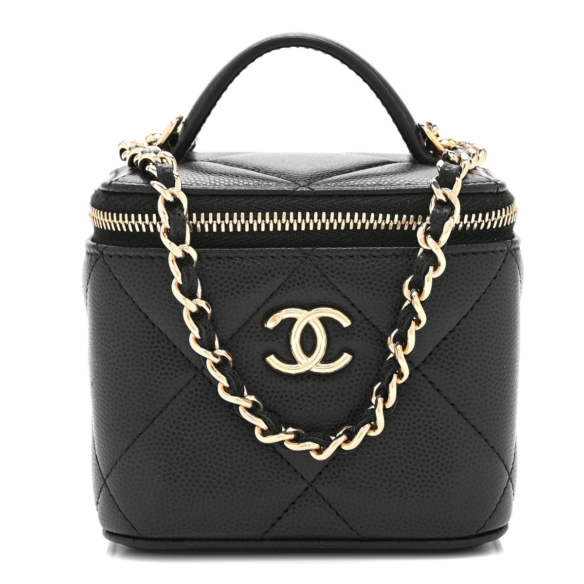 Caviar Quilted Top Handle Mini Vanity Case With Chain Black