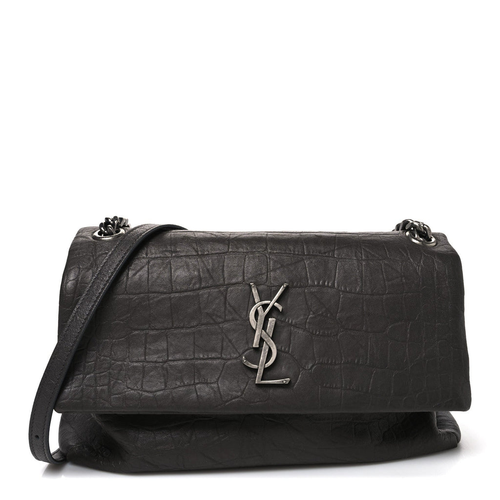 Calfskin Crocodile Embossed West Hollywood Monogram Fold-Over Dark Brown