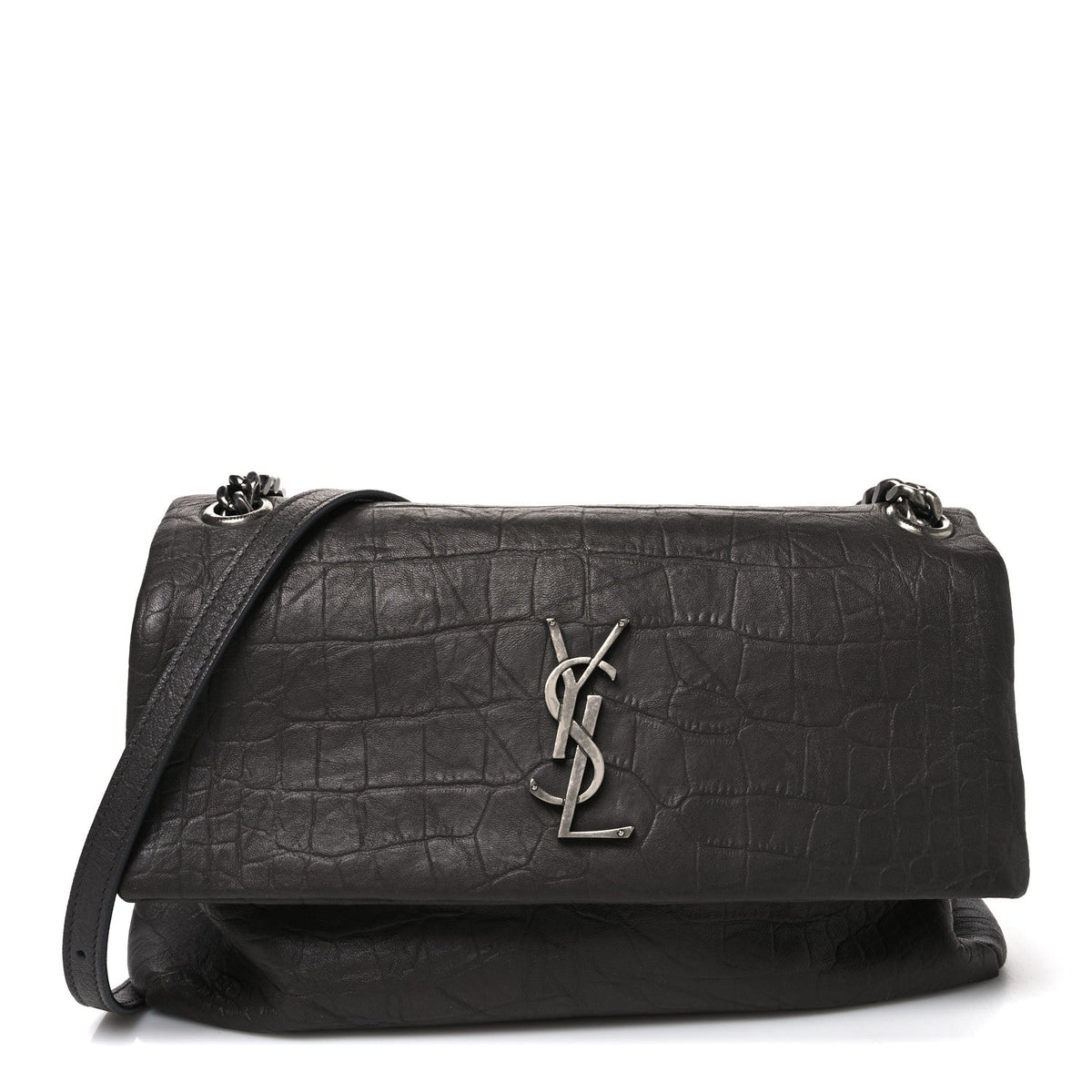 Calfskin Crocodile Embossed West Hollywood Monogram Fold-Over Dark Brown