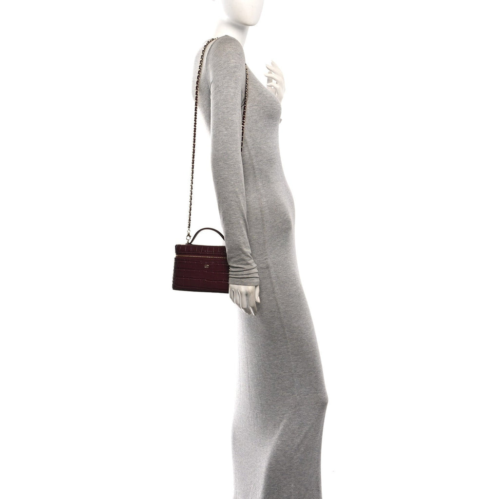 Calfskin Crocodile Embossed Crococo Exoticoco Vanity With Chain Dark Burgundy