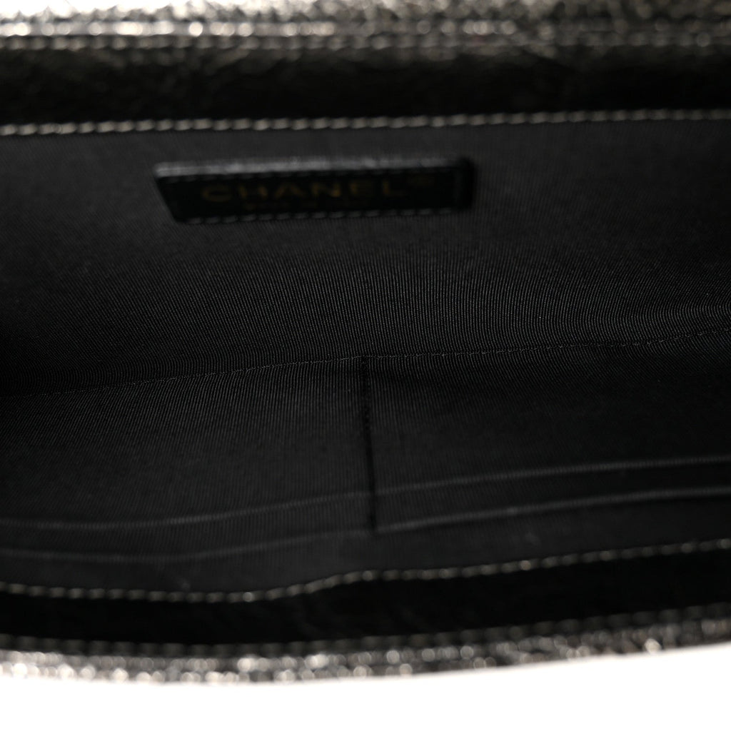 Cracked Metallic Calfskin Quilted Zip Away Chain Clutch Dark Silver