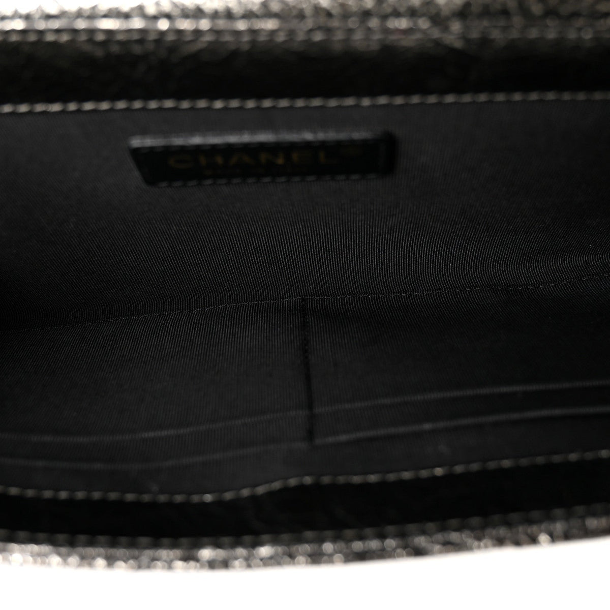 Cracked Metallic Calfskin Quilted Zip Away Chain Clutch Dark Silver