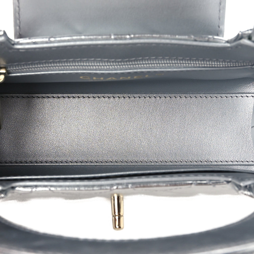 Metallic Aged Calfskin Quilted Nano Kelly Shopper Silvery