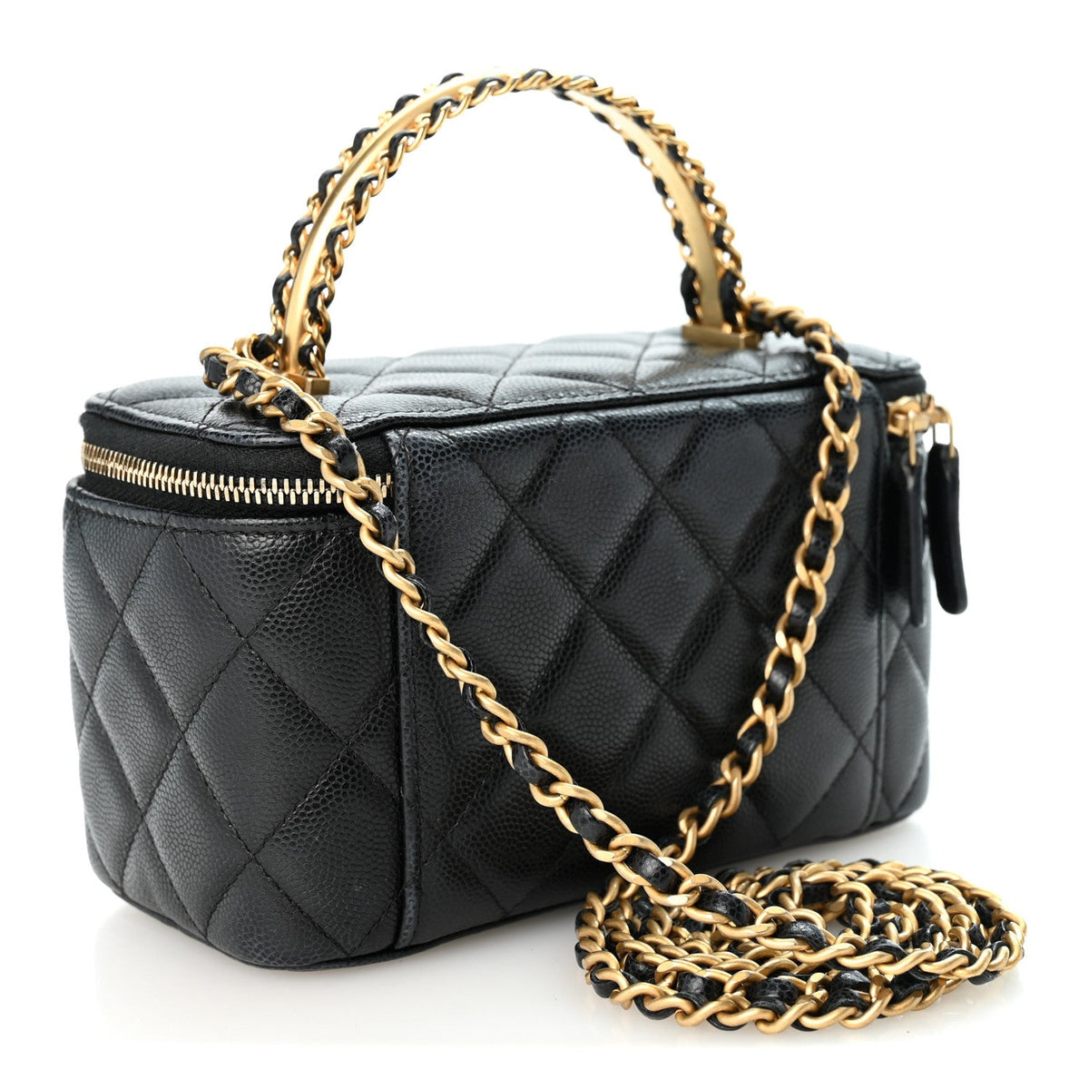 Caviar Quilted Chanel Way Top Handle Vanity Case With Chain Black