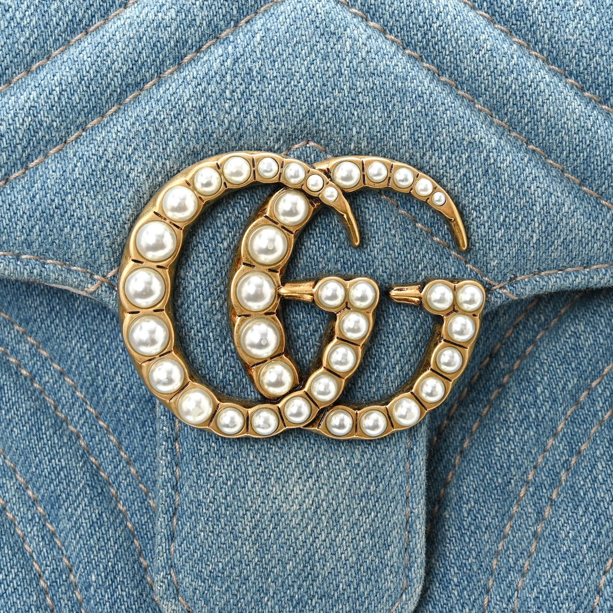 Denim Matelasse Mini Pearly GG Marmont Shoulder Bag Blue