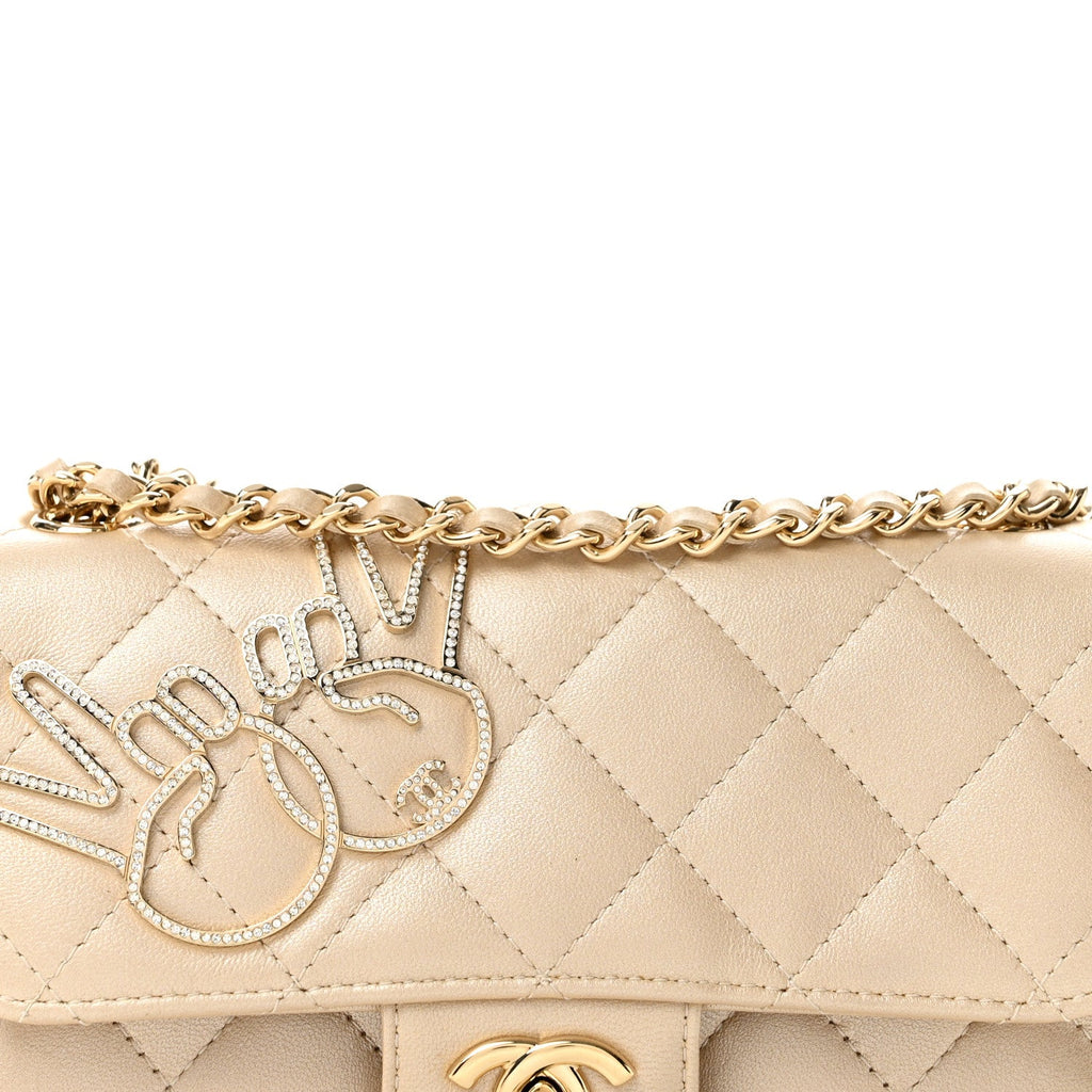 Metallic Lambskin Quilted Extra Mini V For Victory Flap Light Gold