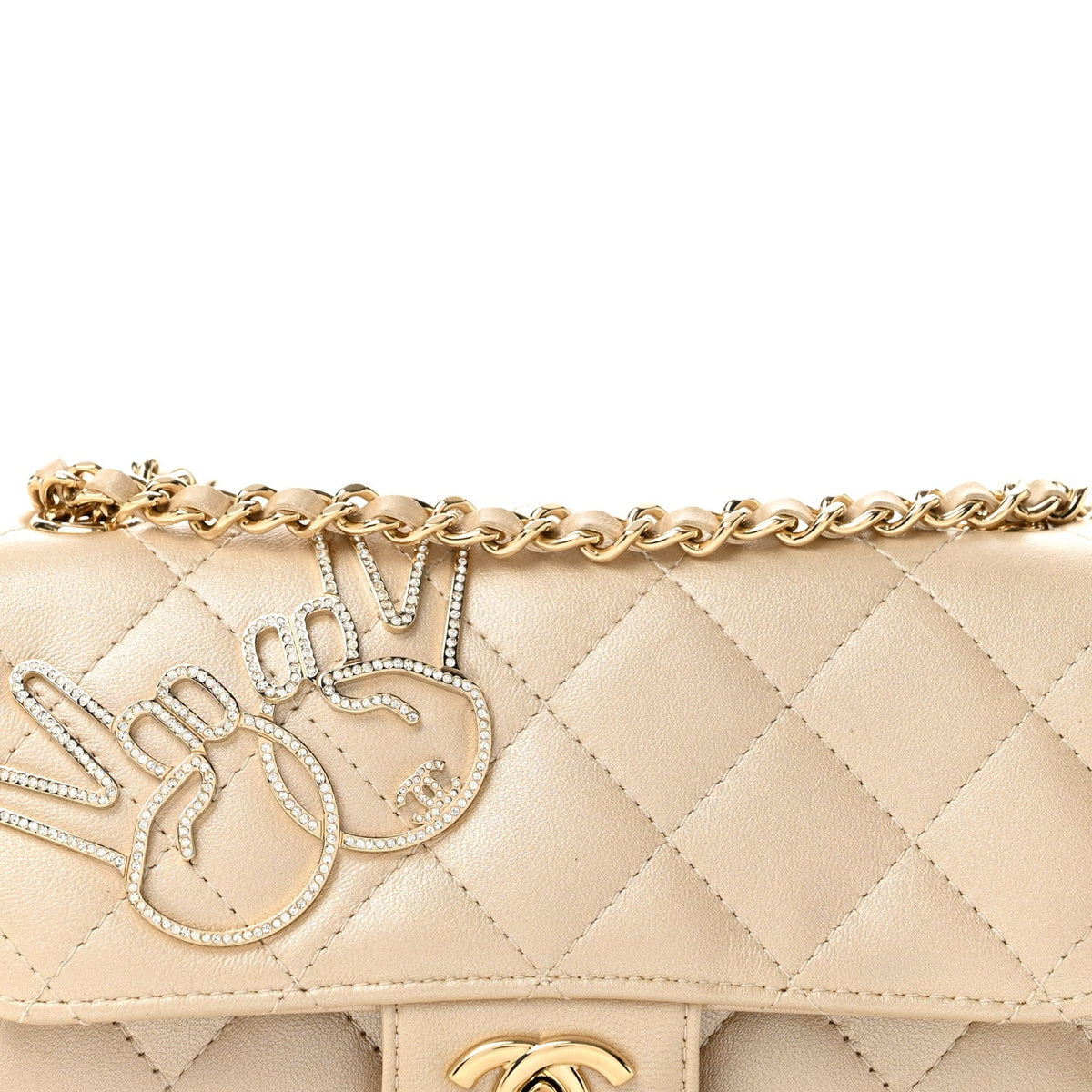 Metallic Lambskin Quilted Extra Mini V For Victory Flap Light Gold