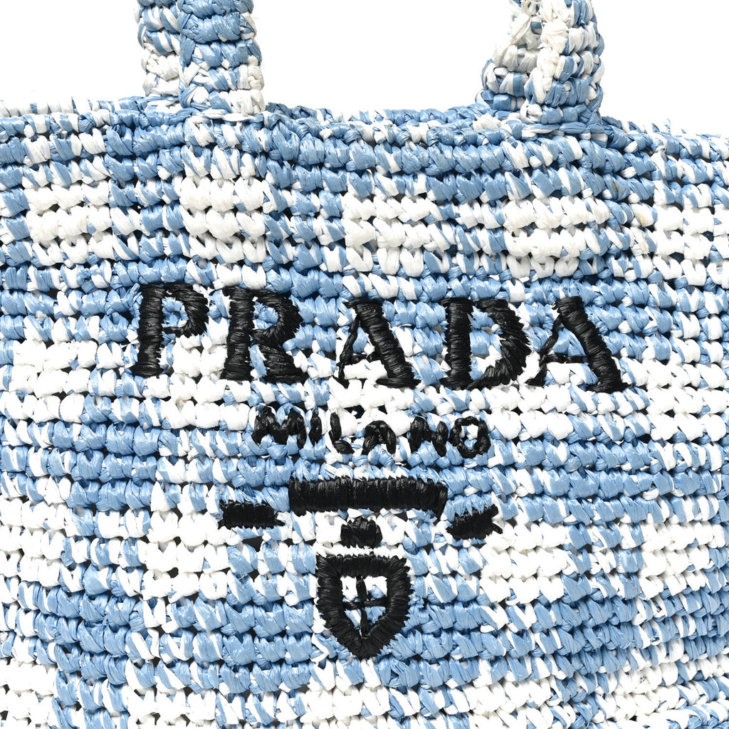 Yarn Raffia Effect Crochet Embroidered Small Logo Tote Celeste