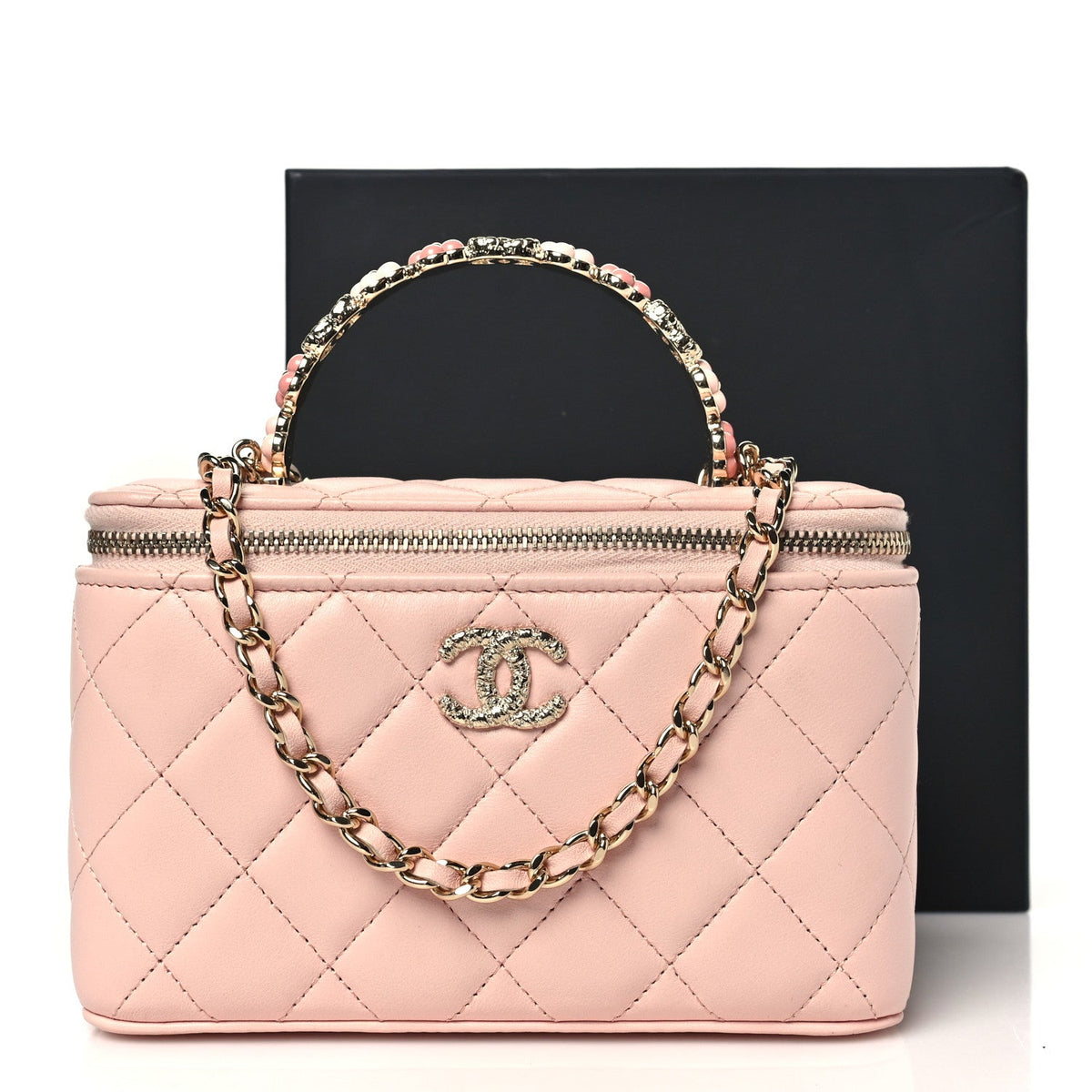 Lambskin Quilted Metal Enamel Flower Mini Top Handle Vanity Case With Chain Light Pink