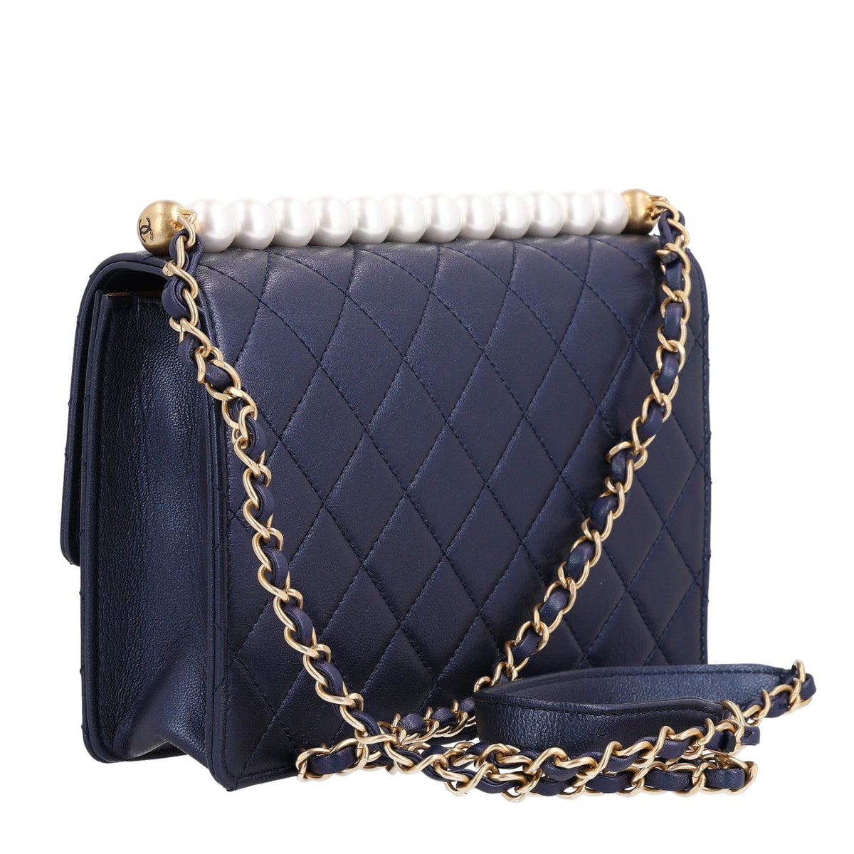 Iridescent Lambskin Quilted Small Chic Pearls Flap Blue
