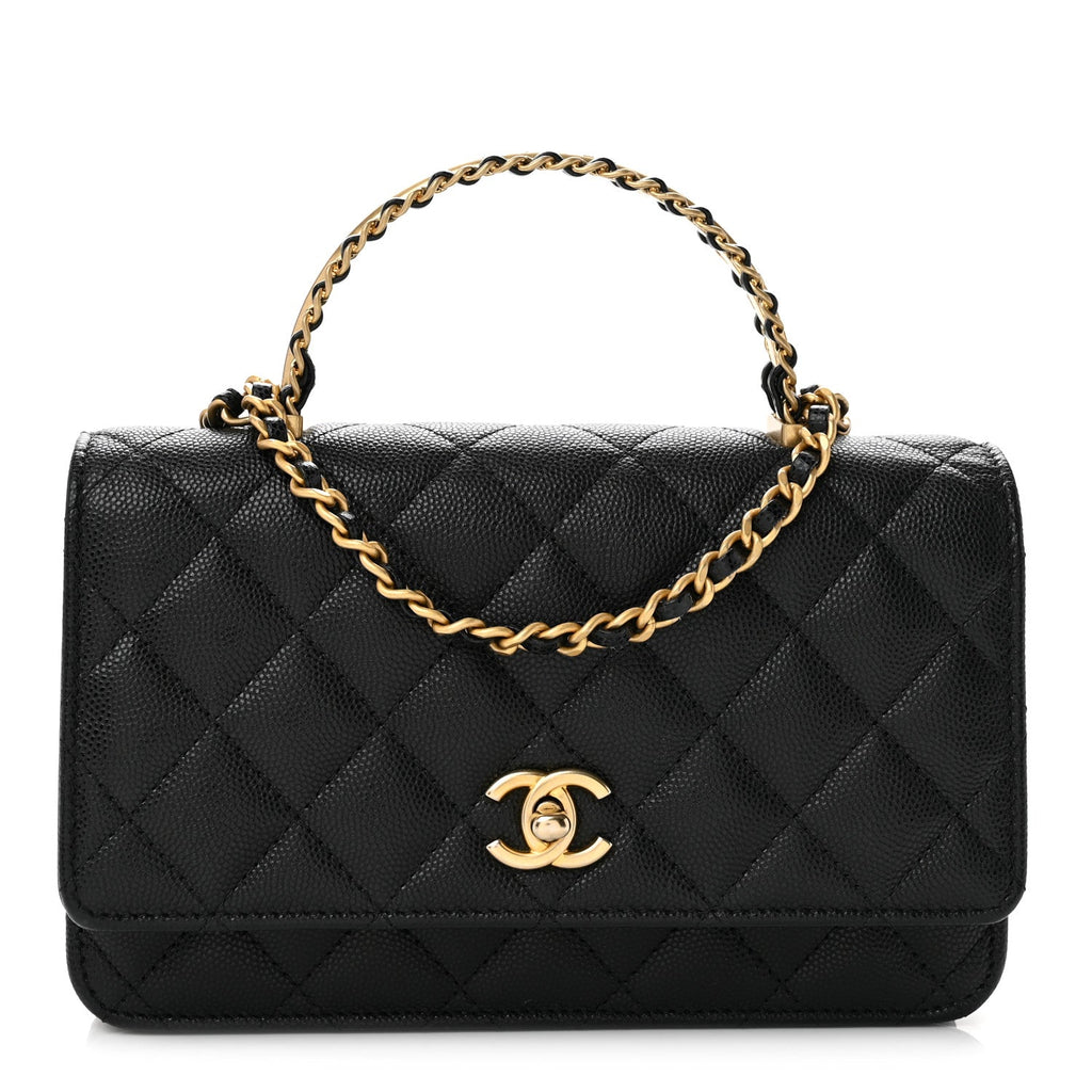 Shiny Caviar Quilted Pick Me Up Wallet On Chain WOC Black