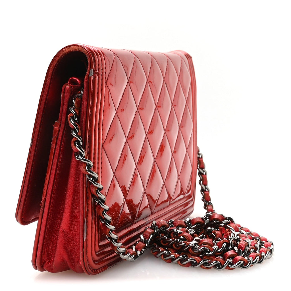 Metallic Patent Calfskin Quilted Boy Wallet On Chain WOC Red