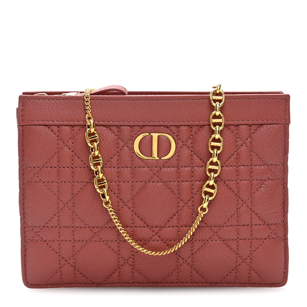 Calfskin Cannage Caro Zipped Pouch With Chain Rust