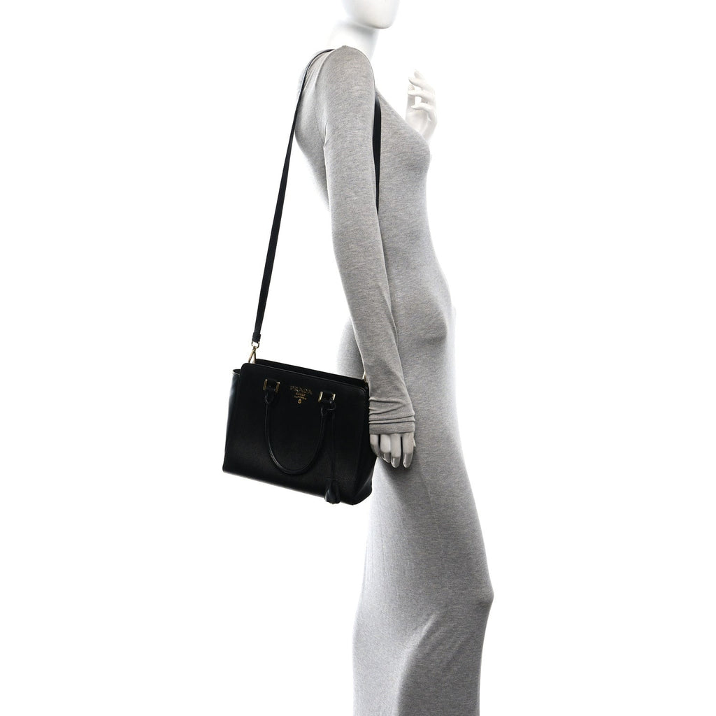 Saffiano Soft Calfskin Small Zippered Tote Black