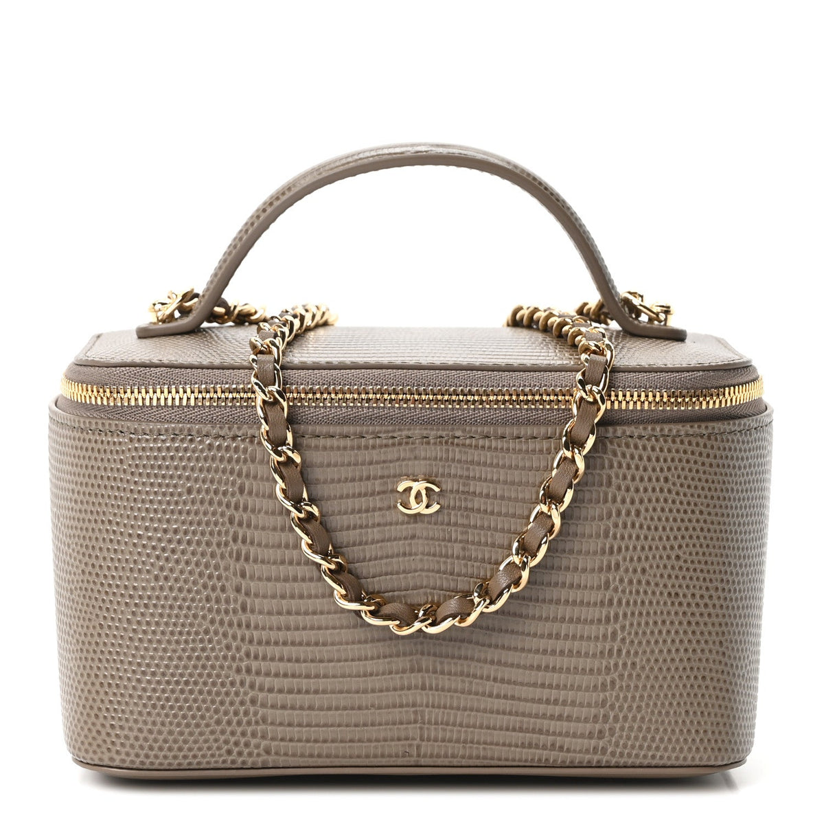 Calfskin Lizard Embossed Top Handle Vanity With Chain Dark Khaki