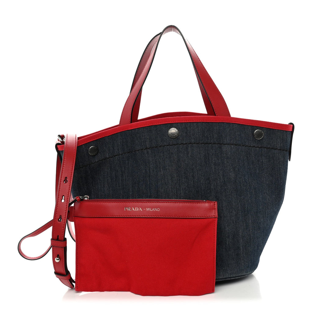 Denim Calfskin Logo Shopping Tote Blue Red