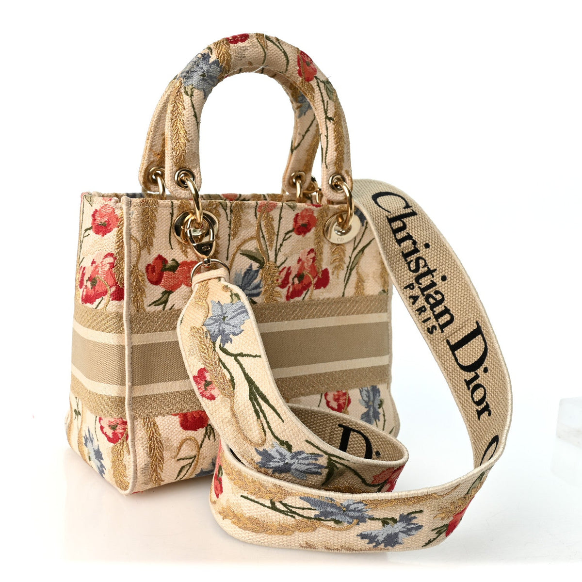 Canvas Embroidered Hibiscus Printed Medium Lady D-Lite Beige Multicolor