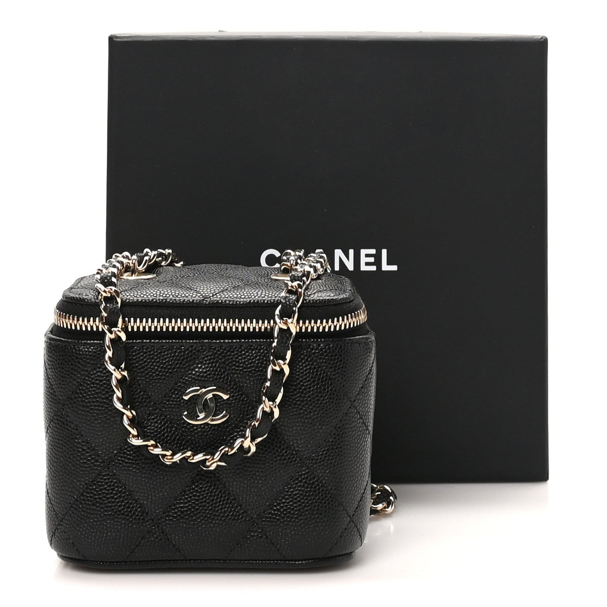 Caviar Quilted Mini Vanity Case With Chain Black