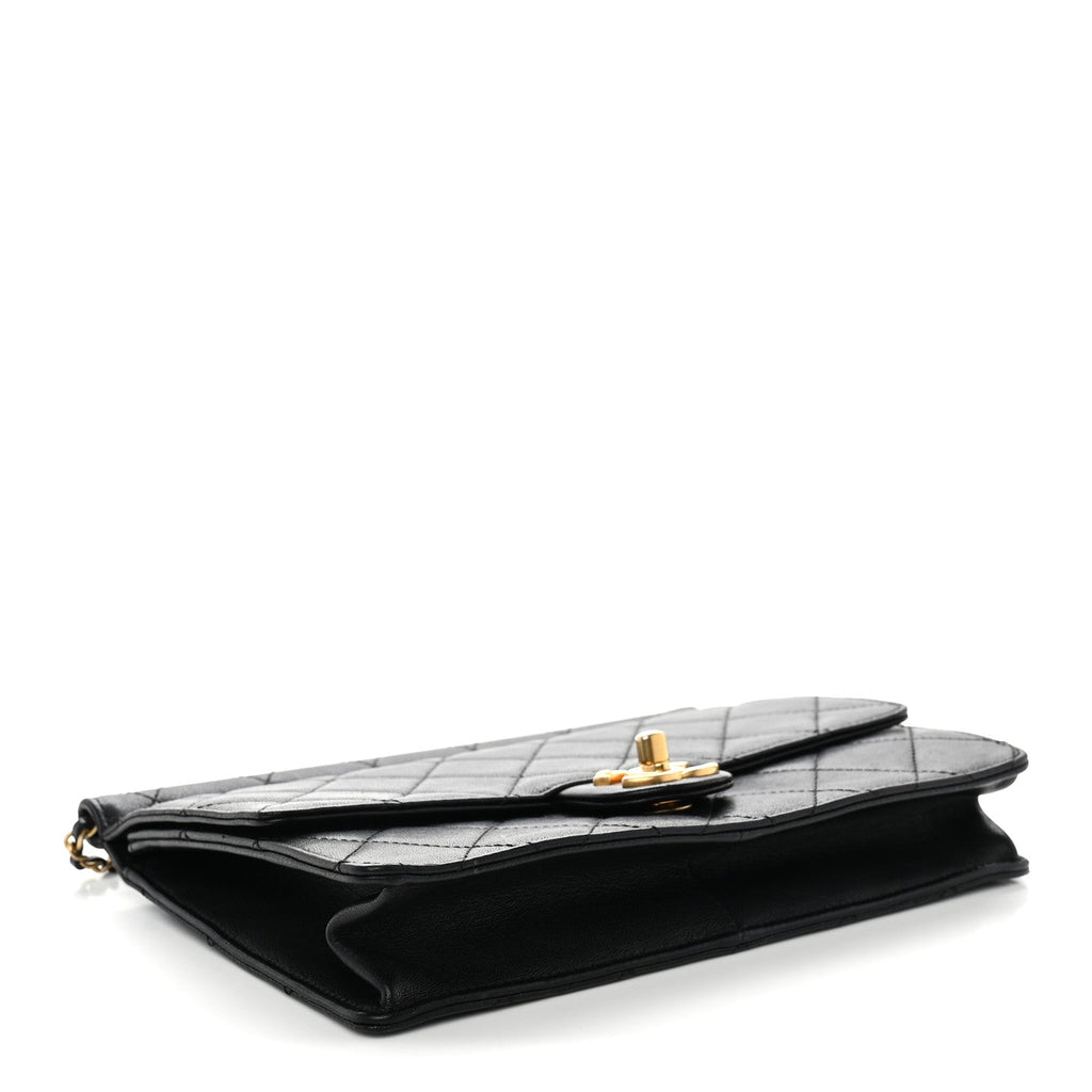 Lambskin Quilted Large Pearl Chain Flap Bag Black