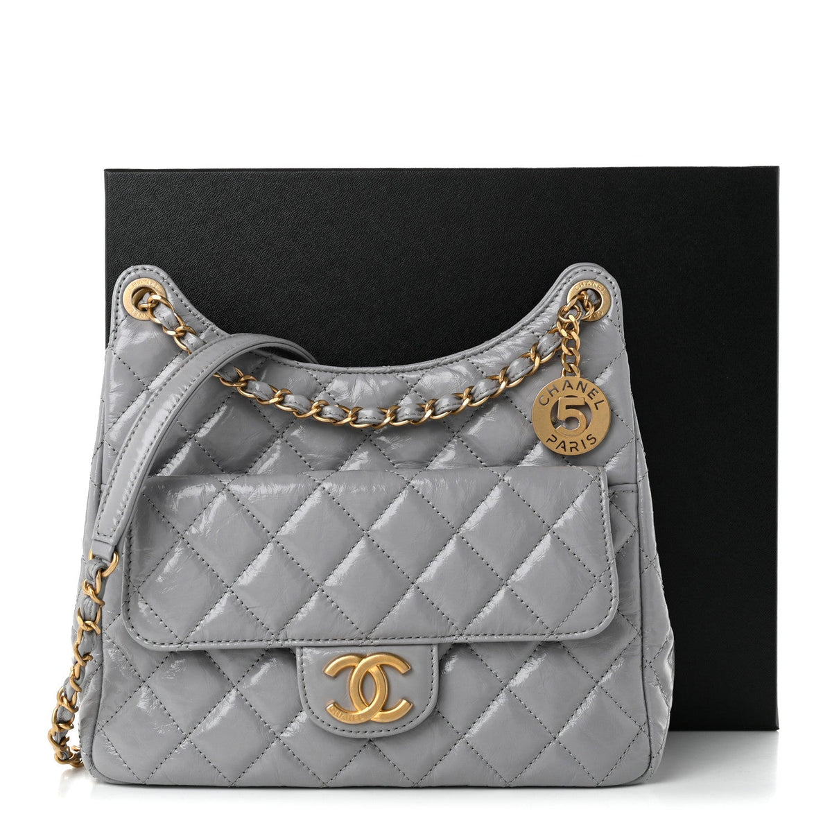 Shiny Crumpled Calfskin Quilted Wavy CC Hobo Grey