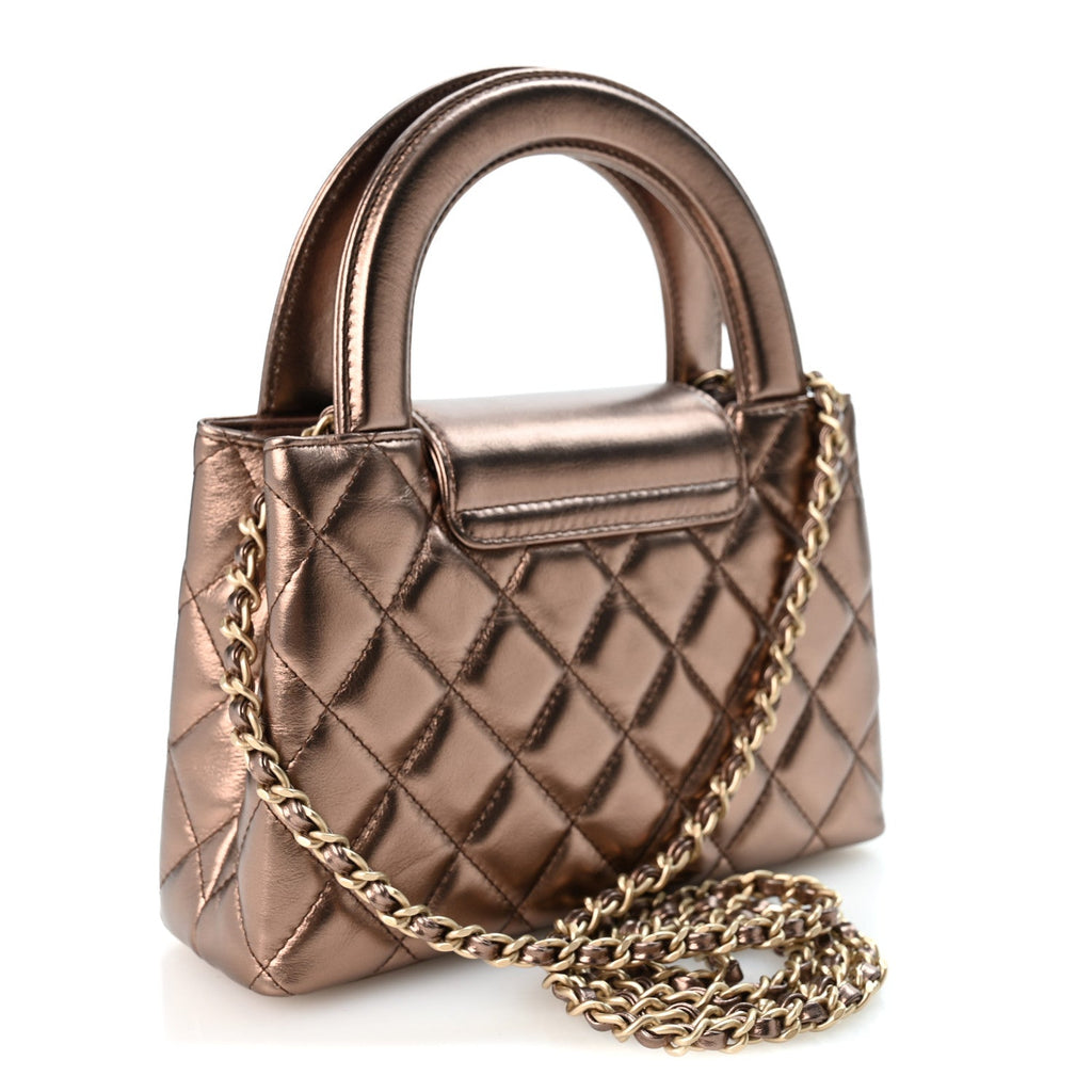 Metallic Aged Calfskin Quilted Nano Kelly Shopper Bronze