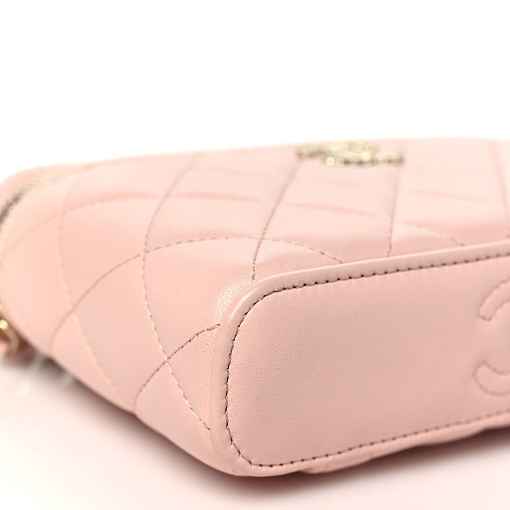 Lambskin Quilted Metal Enamel Flower Mini Top Handle Vanity Case With Chain Light Pink