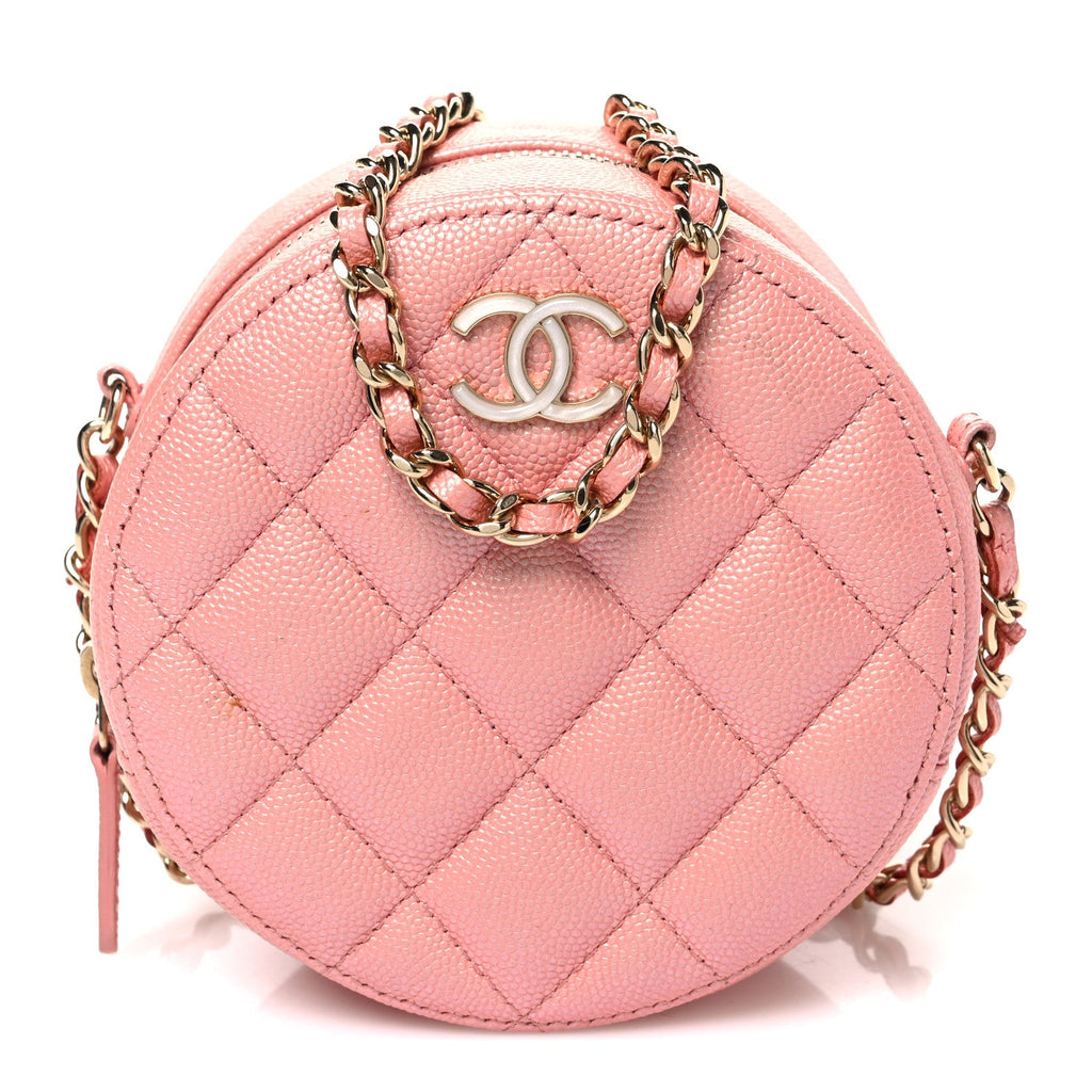 Iridescent Caviar Resin Quilted Round Clutch With Chain Pink