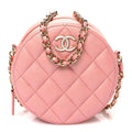 Iridescent Caviar Resin Quilted Round Clutch With Chain Pink