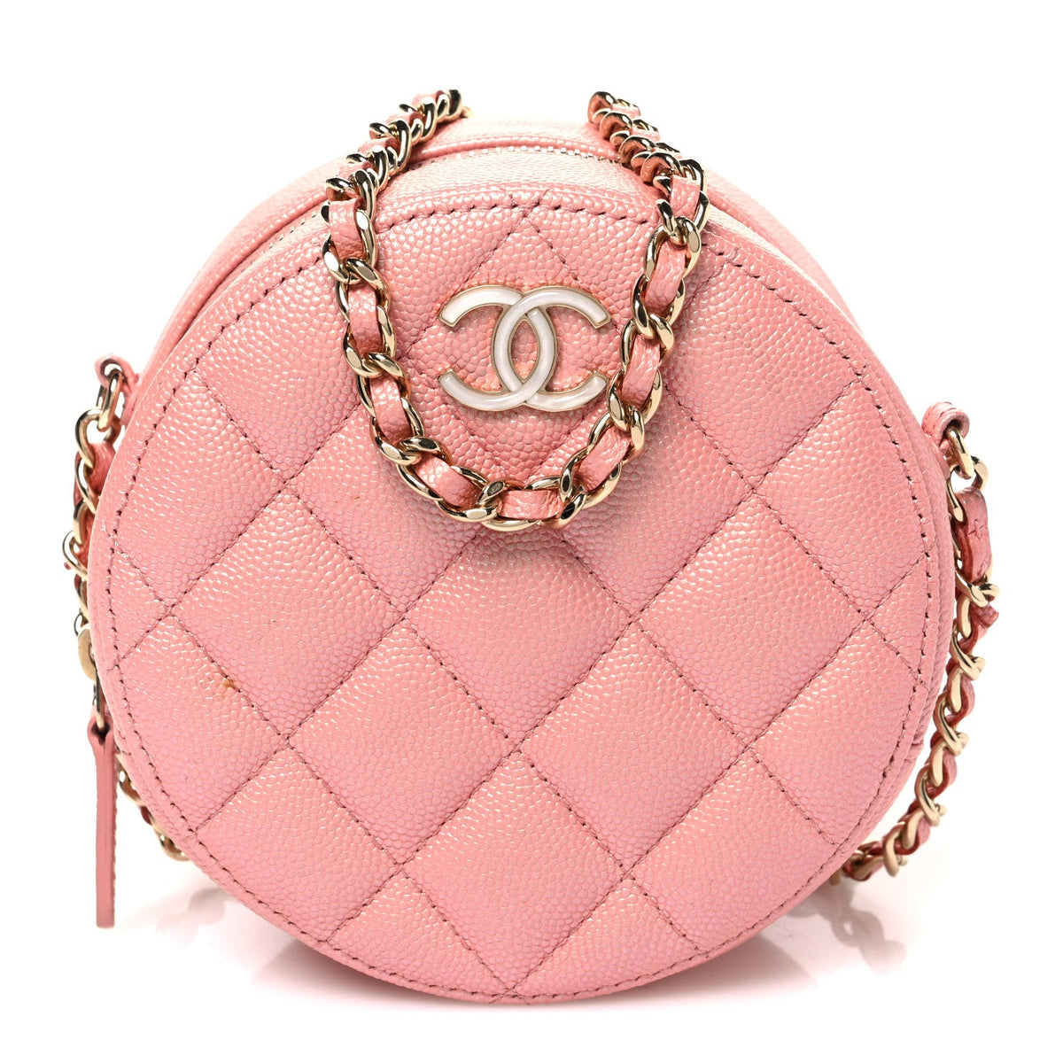 Iridescent Caviar Resin Quilted Round Clutch With Chain Pink