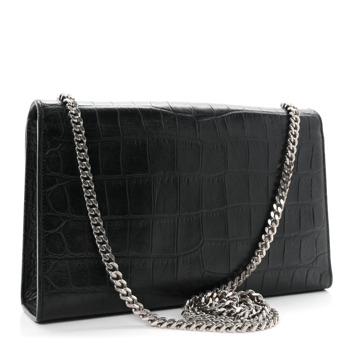 Calfskin Crocodile Embossed Medium Classic Monogram Kate Tassel Satchel Black