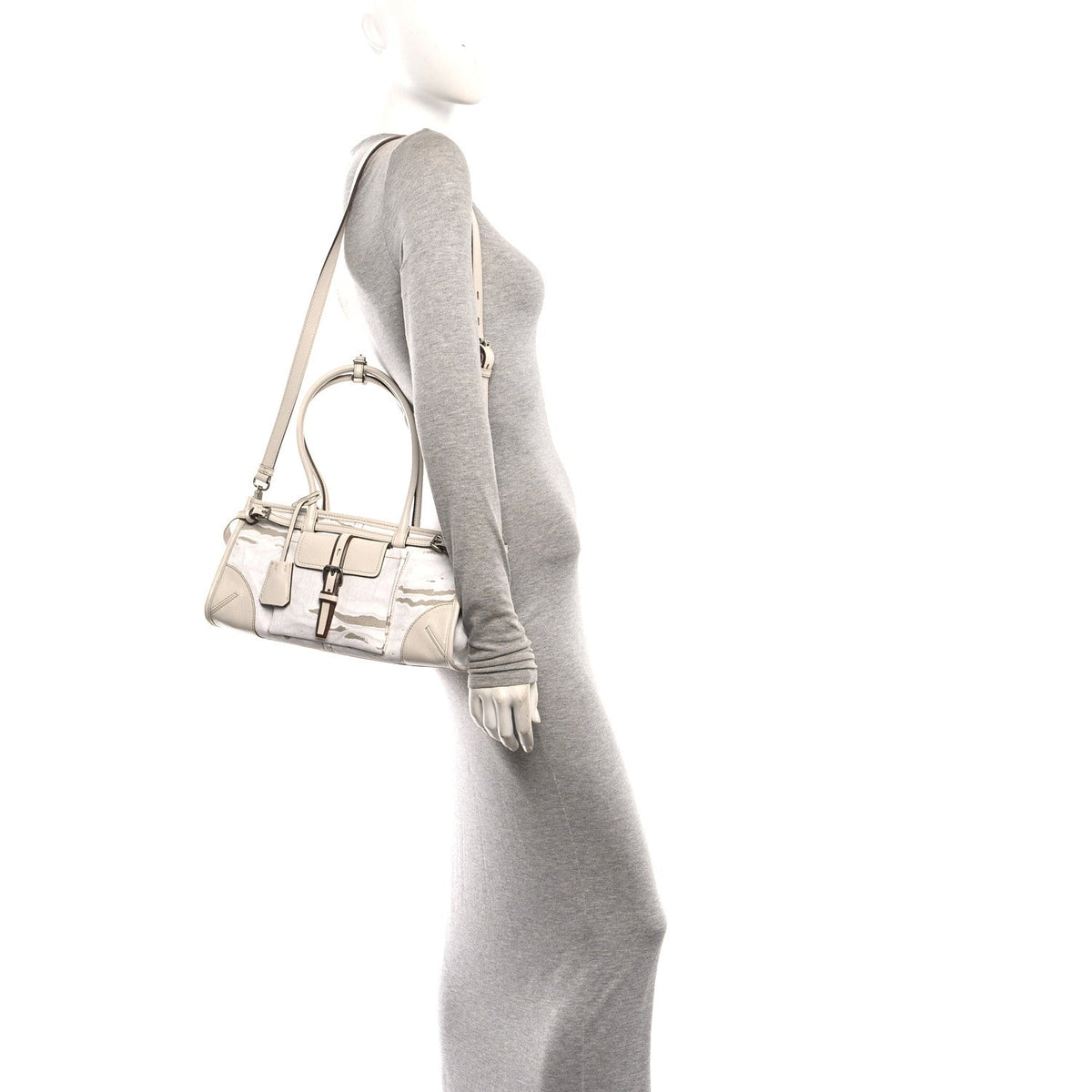 Linen Calfskin Printed Medium Bonnie Shoulder Bag White
