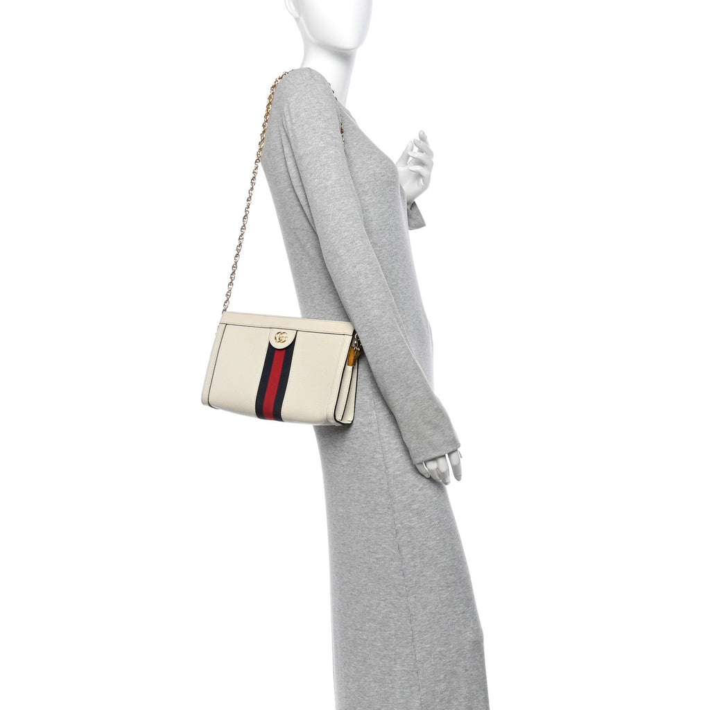 Textured Calfskin Web Small Ophidia Chain Shoulder Bag Mystic White