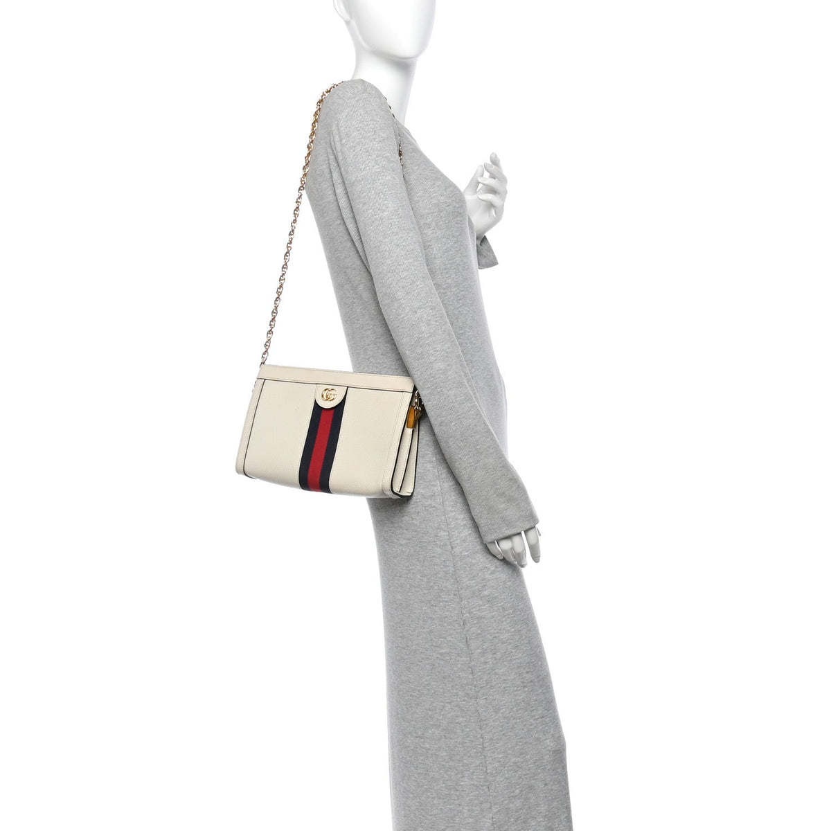 Textured Calfskin Web Small Ophidia Chain Shoulder Bag Mystic White