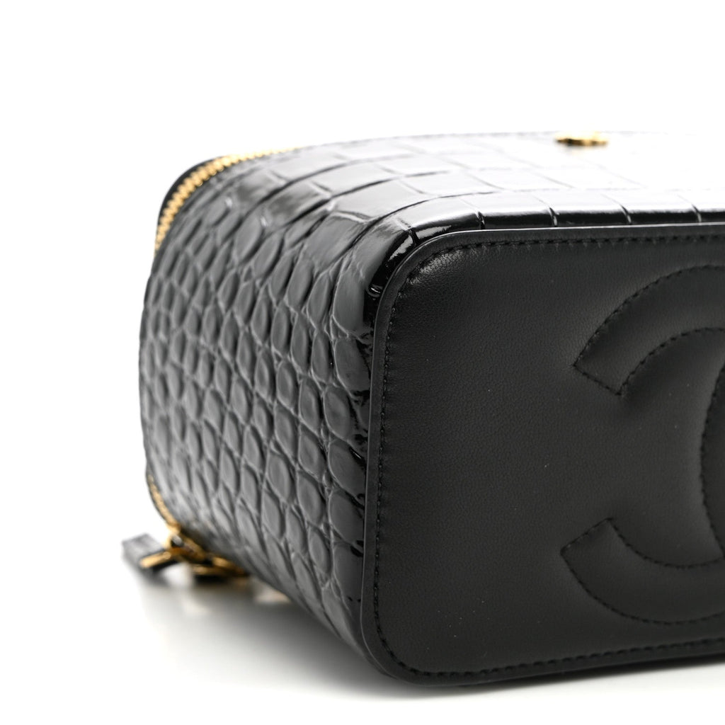 Calfskin Crocodile Embossed Crococo Small Top Handle Vanity Case With Chain Black