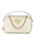 Saffiano Metal Triangle Logo Mini Pouch with Handle White