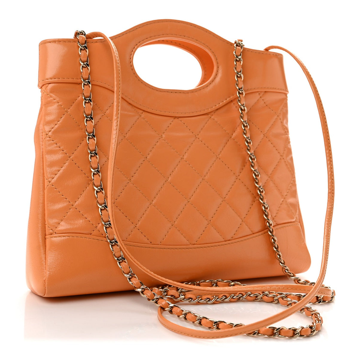 Shiny Crumpled Calfskin Quilted Mini 31 Shopping Bag Orange