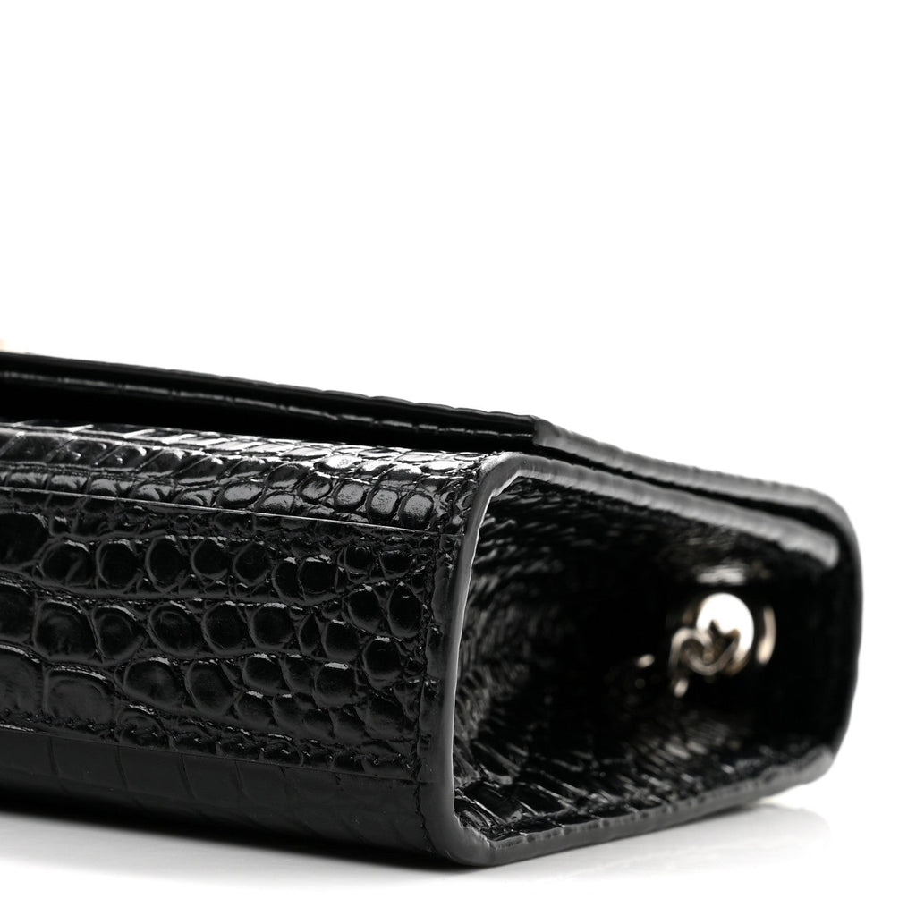 Calfskin Crocodile Embossed Small Classic Monogram Kate Tassel Satchel Black