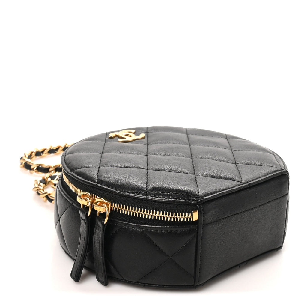 Lambskin Quilted Chain Logo Top Handle Small Round Black