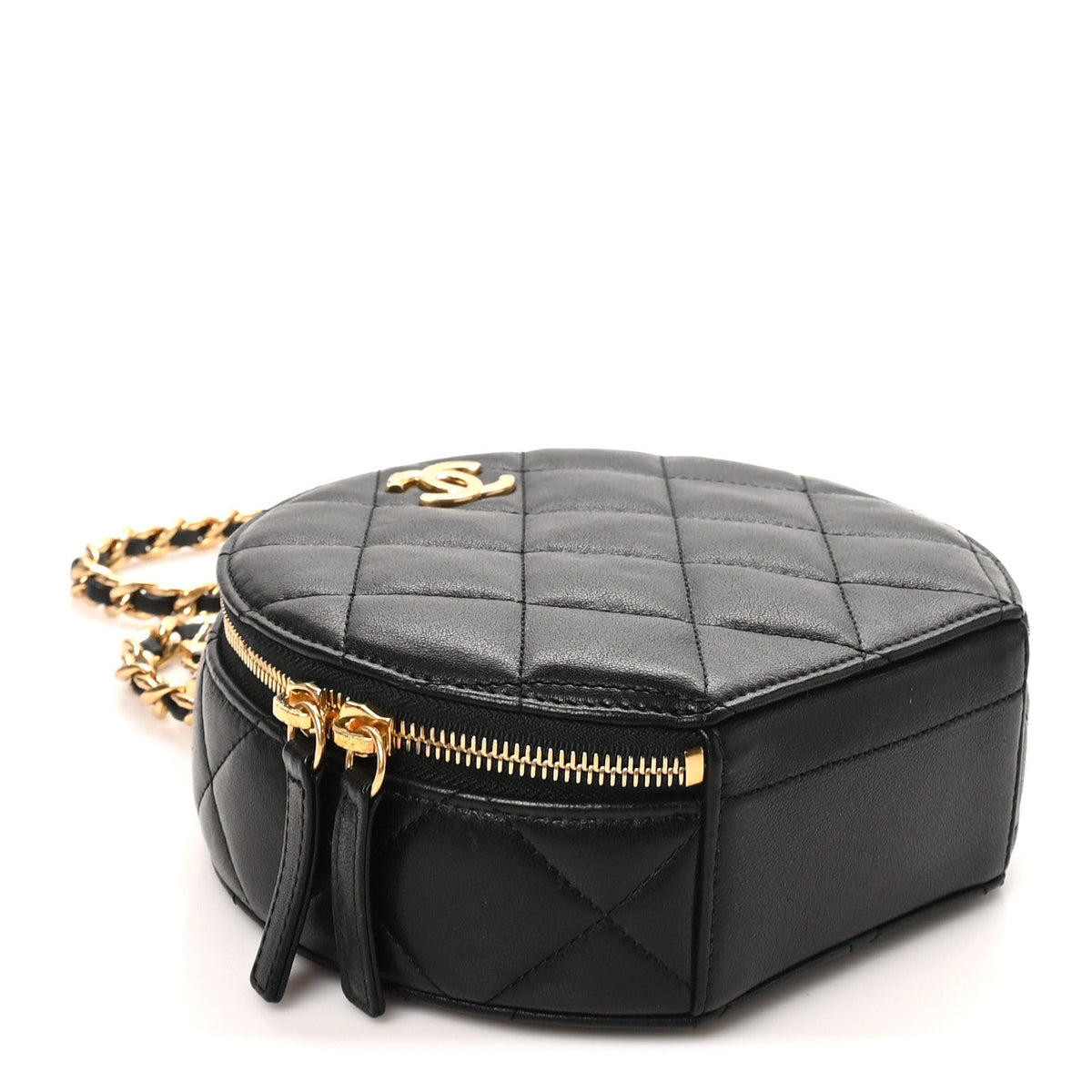 Lambskin Quilted Chain Logo Top Handle Small Round Black