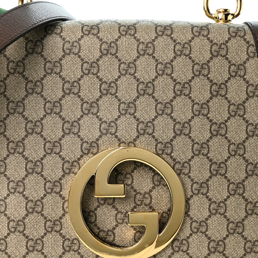 GG Supreme Monogram Textured Dollar Calfskin Web Medium Blondie Top Handle Shoulder Flap Bag Beige Ebony New Acero